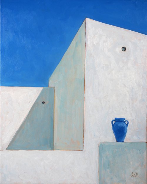 Greece geometry. White and blue #1 by Alfia Koral
