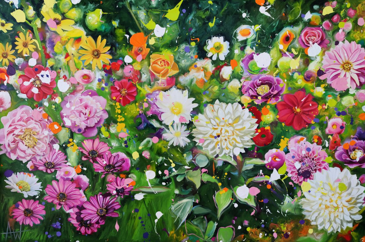 Expressive Botanical Oil Painting By Angie Wright, 59 X 39, Bodacious Blooms, Original Artwork