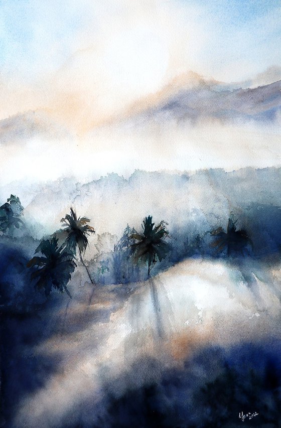Foggy morning in Bali - Original Watercolor Painting