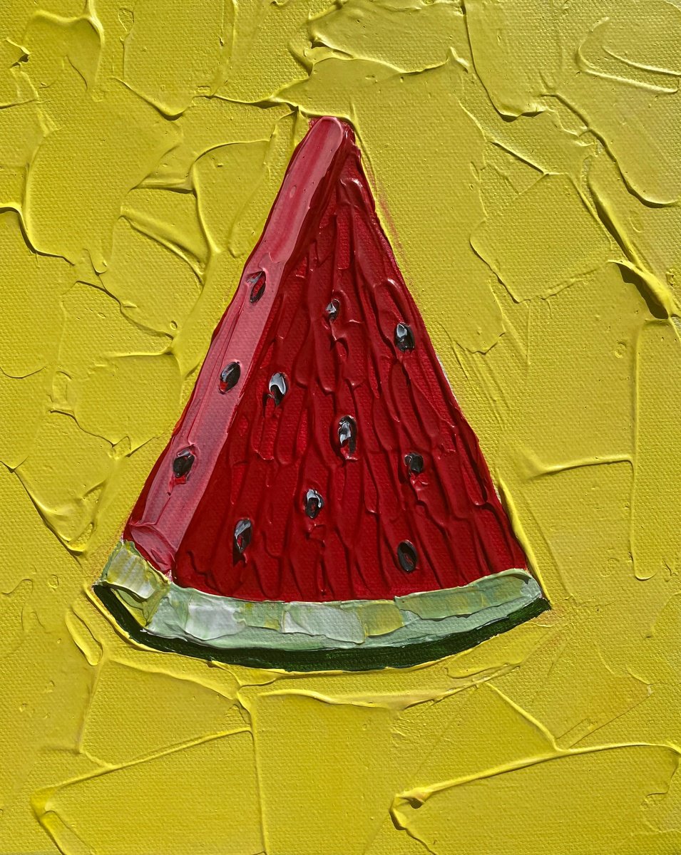 Impressionistic Still Life Acrylic Painting By Guzaliya Xavier, 8 X 10, Watermelon Slice (Yellow), Original Artwork