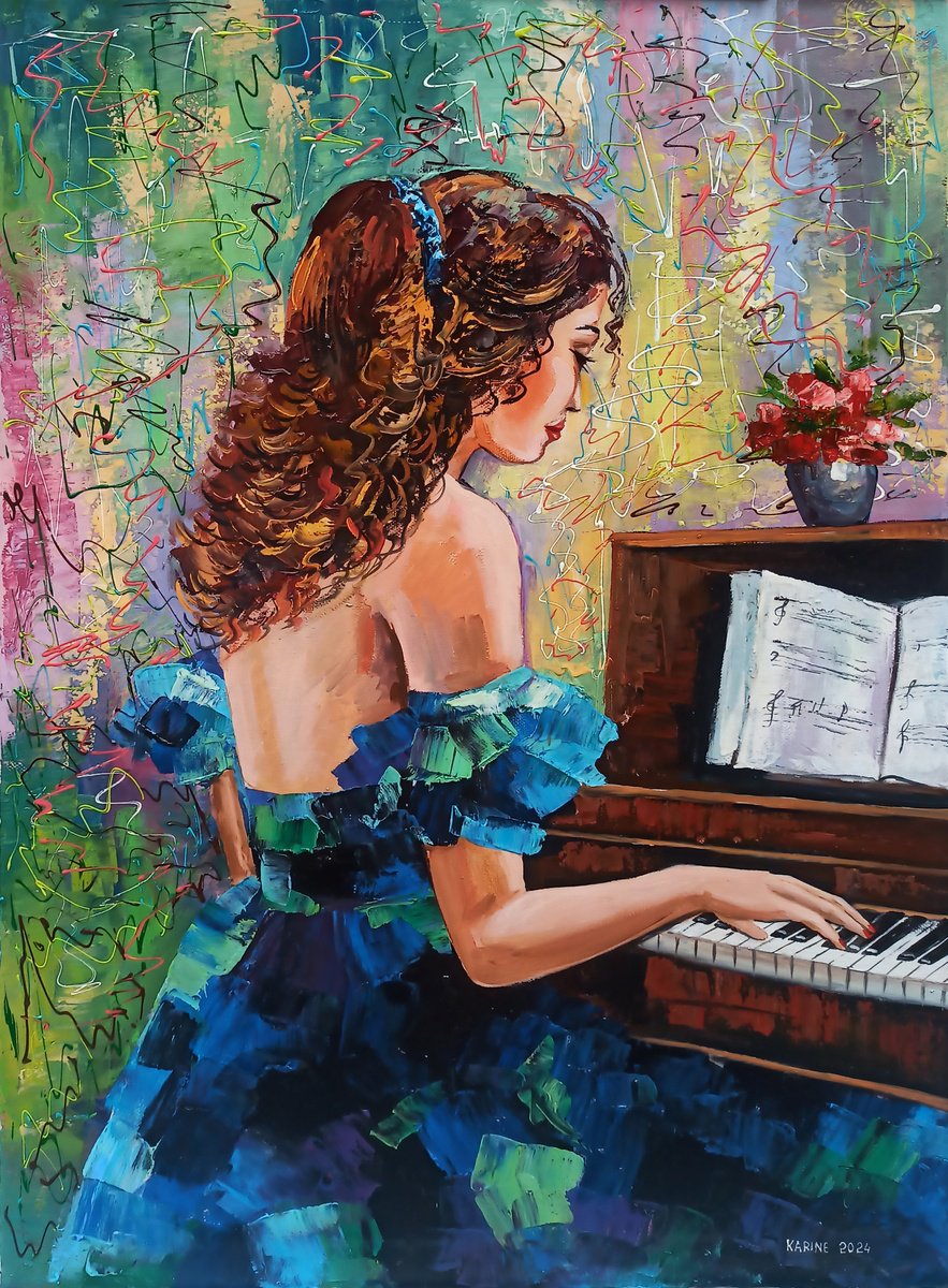 Impressionistic Portrait Oil Painting By Karine Harutyunyan, 20 X 28", Pianist, Original Artwork