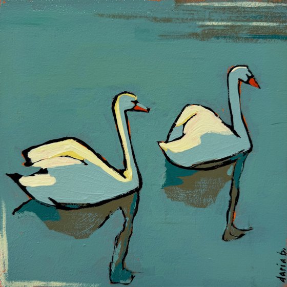 Original Small Painting Blue "2 Swans"