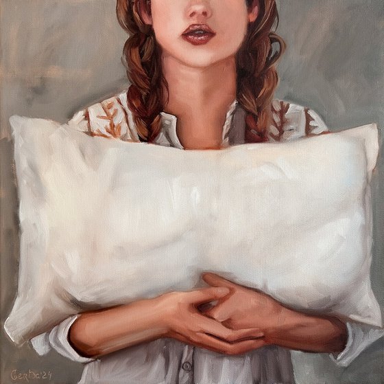 Redhead Girl with Pillow