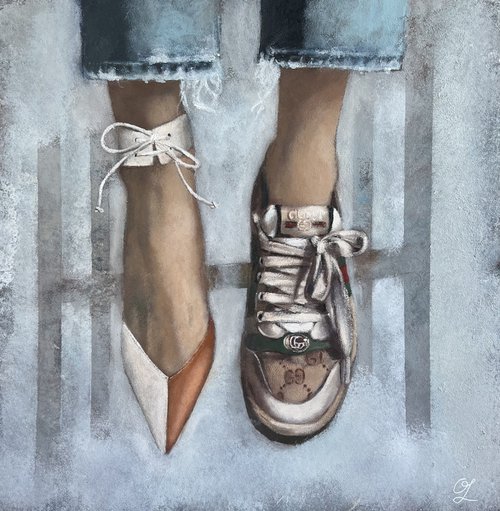 Don't need to choose - acrylic on paper, woman fashion, shoes and sneakers by Olesya Izmaylova