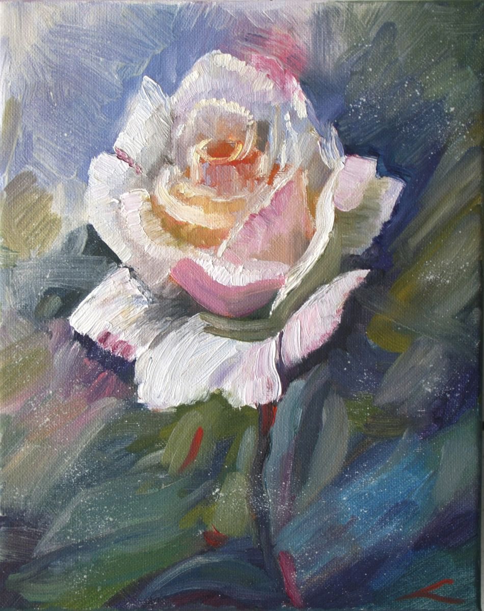 Impressionistic Botanical Oil Painting By Elena Sokolova, 9 X 12, White Rose, Original Artwork