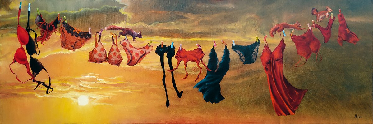 Expressive Animal Oil Painting By Isabel Mahe, 47 X 16, Lingerie With 3 Squirrels, Original Artwork