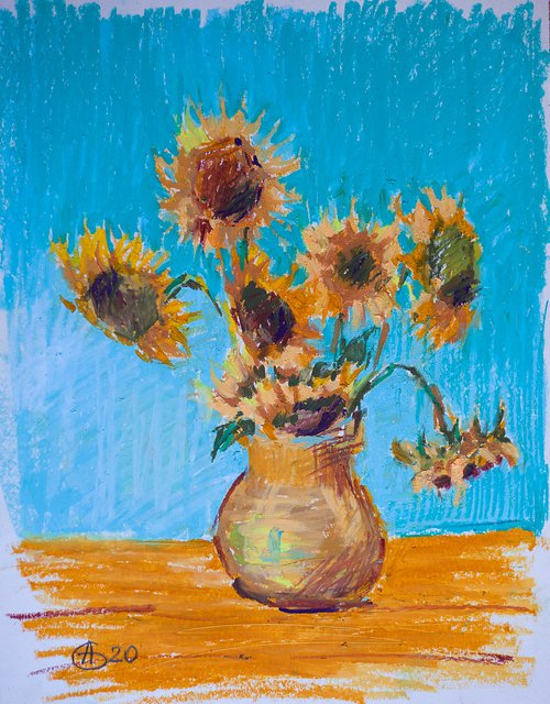 Still life with sunflowers. Thinking about Van Gogh. Oil pastel painting. small original flowers interior decor gift by Sasha Romm