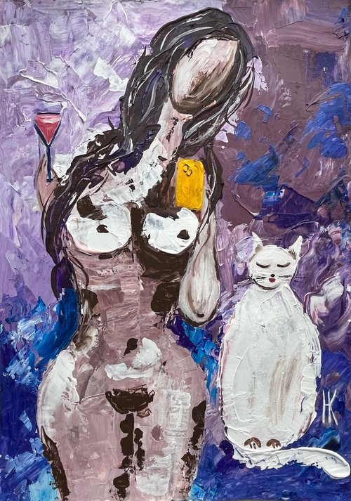Nude Selfie with white Cat and pink martini by Halyna Kirichenko
