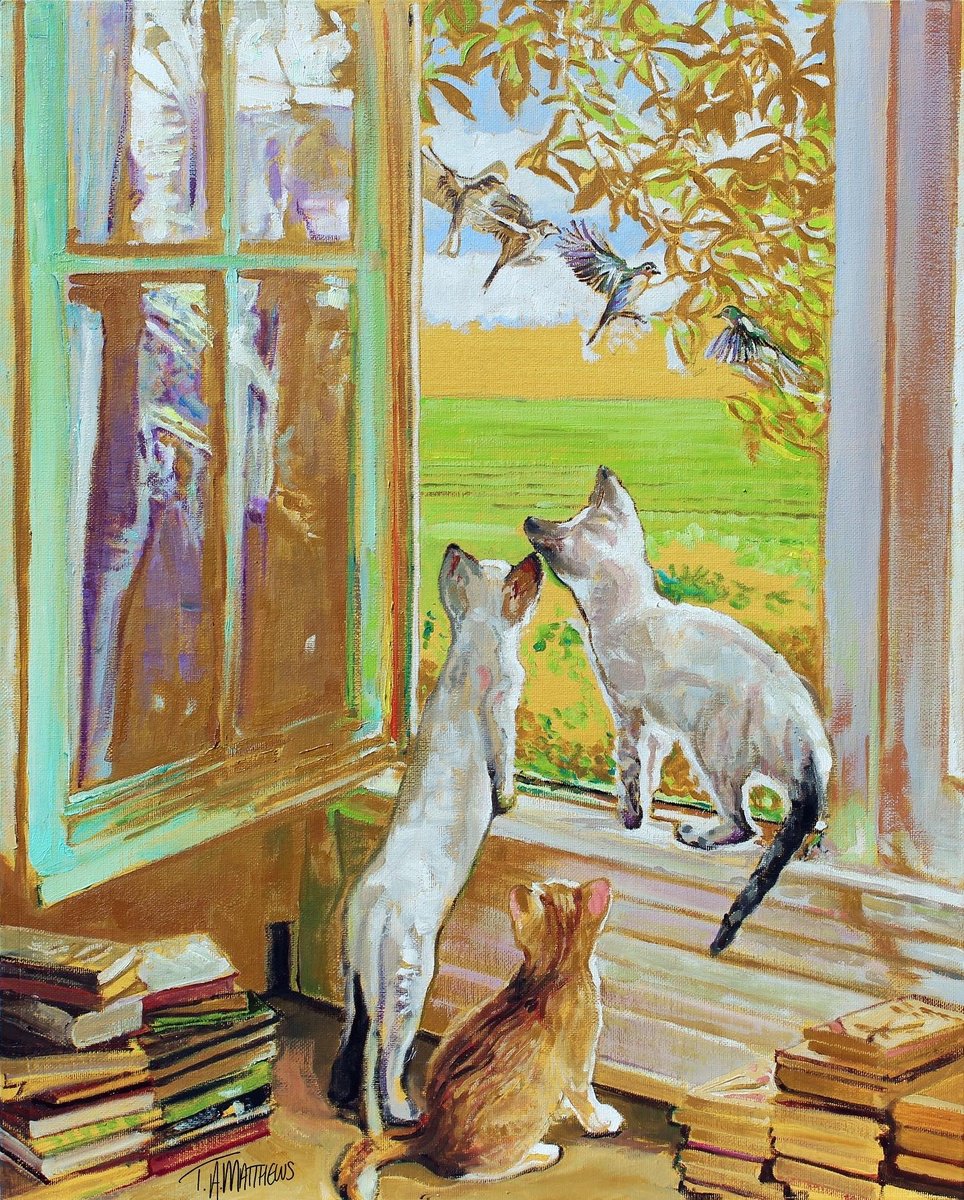 Impressionistic Animal Oil Painting By Timothy Adam Matthews, 16 X 20", Window Cats #1, Original Artwork