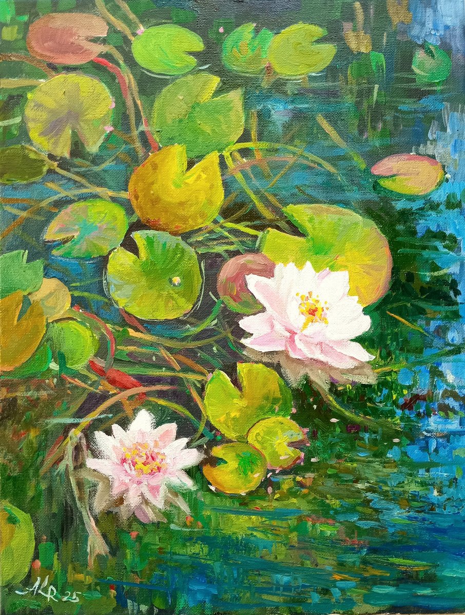 Impressionistic Botanical Oil Painting By Ann Krasikova, 12 X 16, Water Lilies. Pond, Original Artwork