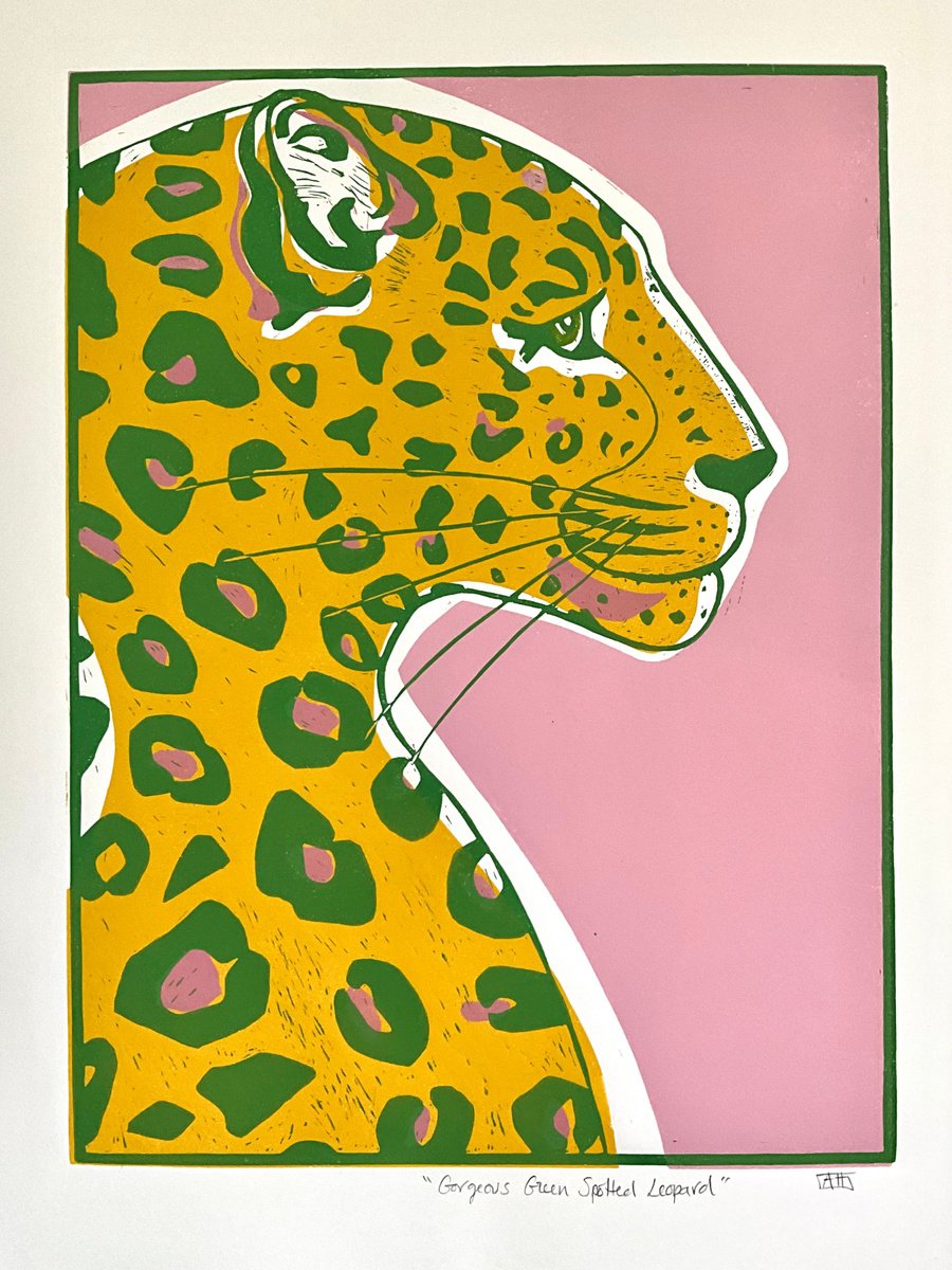 Animal Linocut By Alison Headley, 15 X 23, Gorgeous Green Spotted Leopard, Original Artwork
