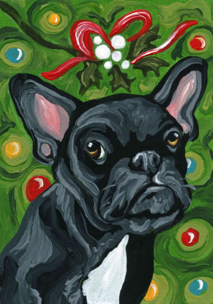 ACEO ATC Original Painting Christmas Kiss French Bulldog Pet Dog Art-Carla Smale by carla smale