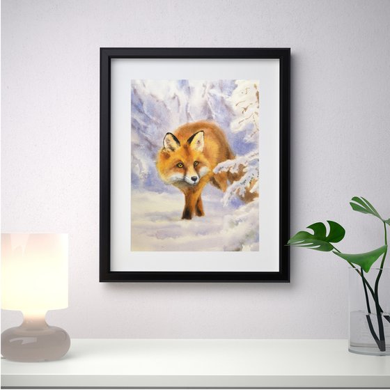 Fox in the Winter Forest - Wary Fox - Red Fox - Fox Watercolor - Fiery Foxes - Fiery Fox