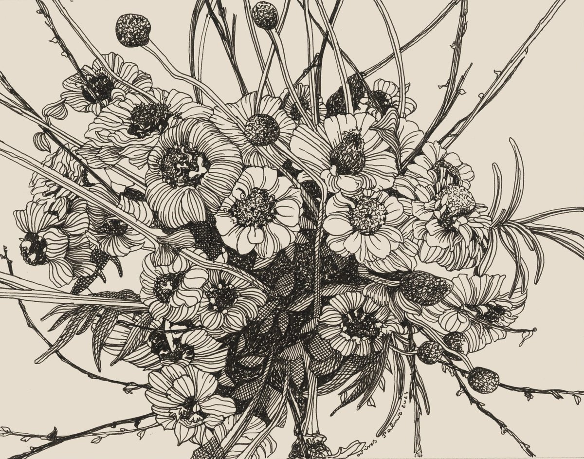 Photorealistic Botanical Ink Drawing By Nives Palmic, 10 X 8", Bouquet With Zinnias, Original Artwork