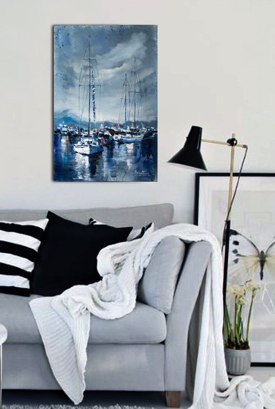 "Yachts in the harbor" ships, seascape ,sailboats