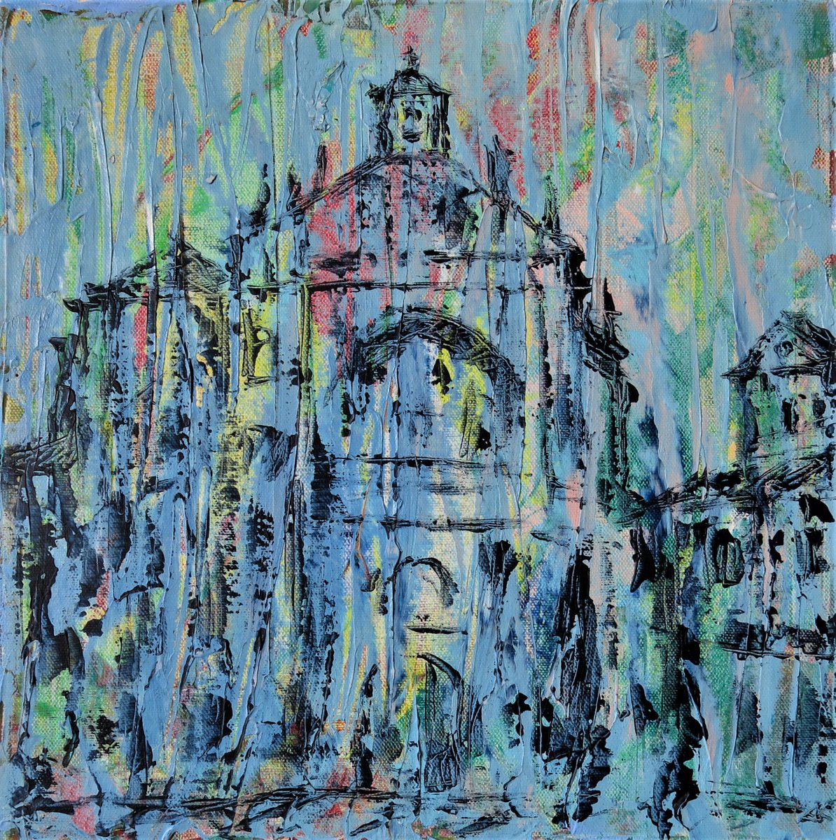 Impressionistic Cityscapes Acrylic Painting By Denys Kuvaiev, 16 X 16, Convento De San Esteban In Salamanca, Original Artwork