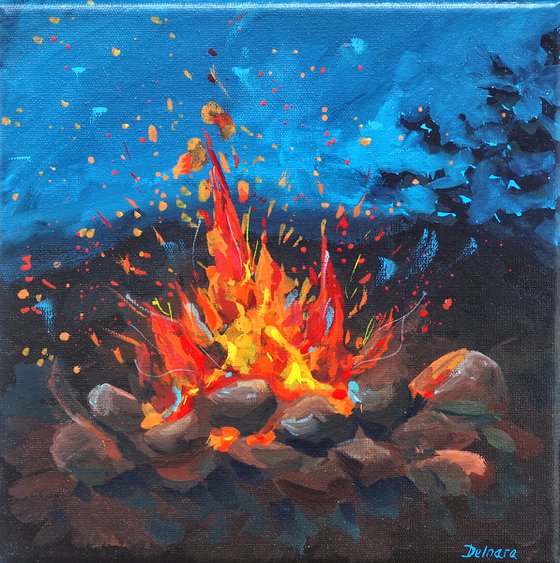 Bonfire - original painting, framed, ready to hang