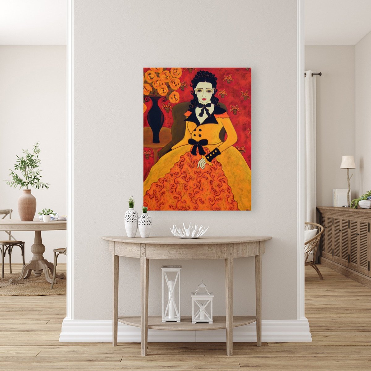Impressionistic Portrait Oil Painting By Karen Rieger, 30 X 40", Gown With Orange Roses, Original Artwork