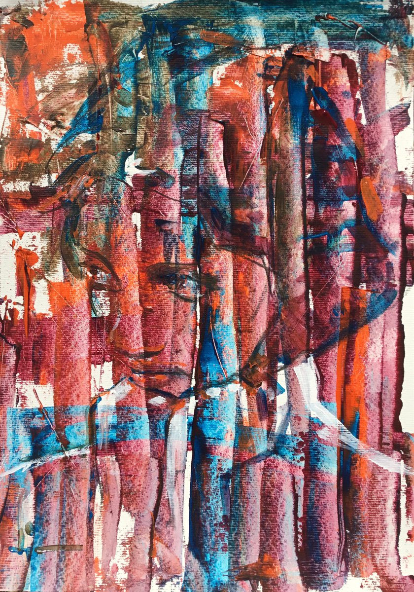 Expressive Portrait Acrylic Painting By Dominique Deve, 11 X 17, Prisoner, Original Artwork