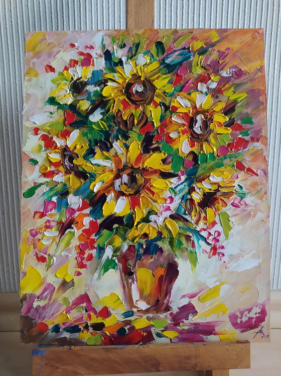 The lights of a sun - sunflowers, oil painting, flowers, sunflowers oil painnting, bouquet