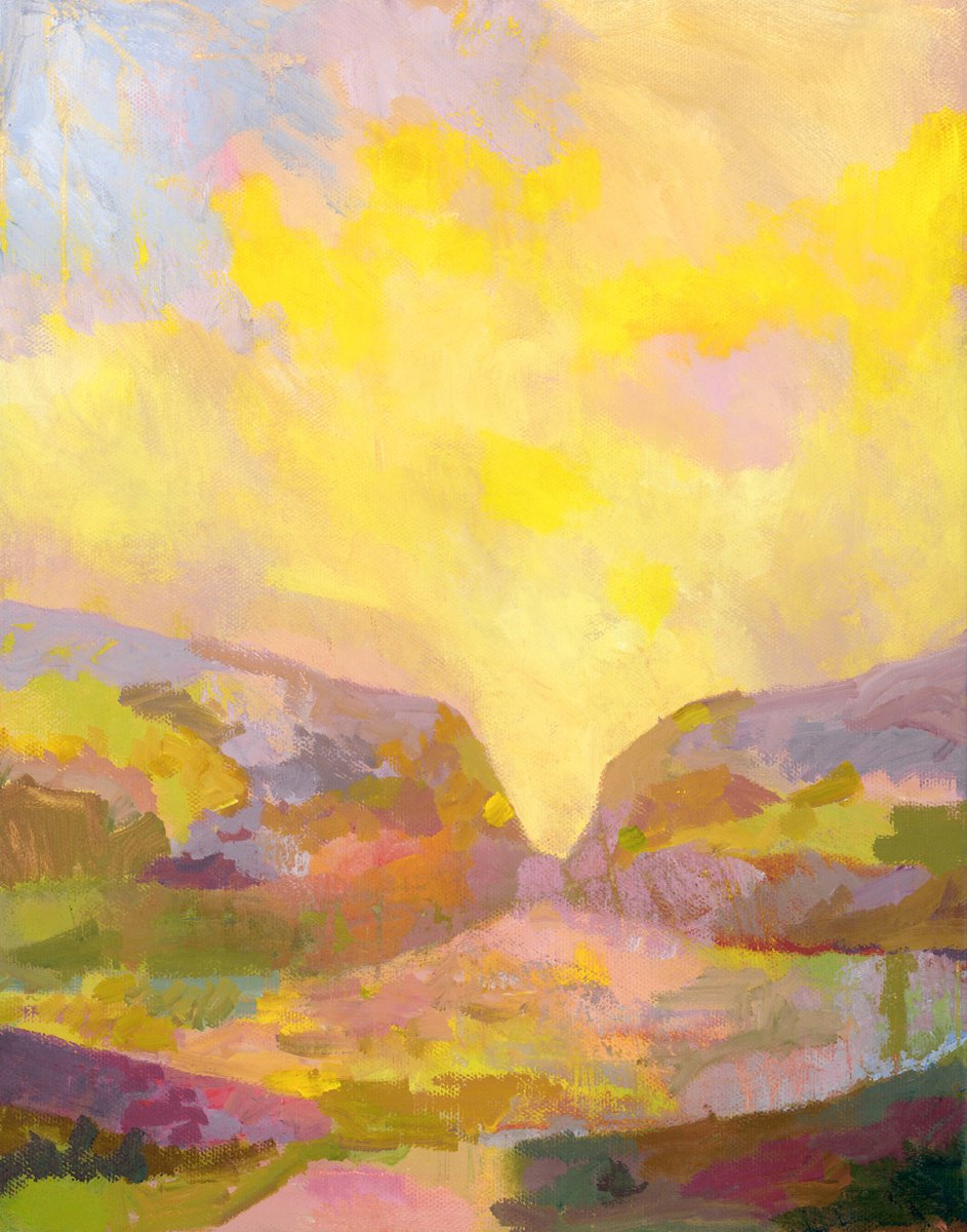 Abstract Landscape Oil Painting By Dena Adams, 11 X 14, Lavender And Lemon, Original Artwork