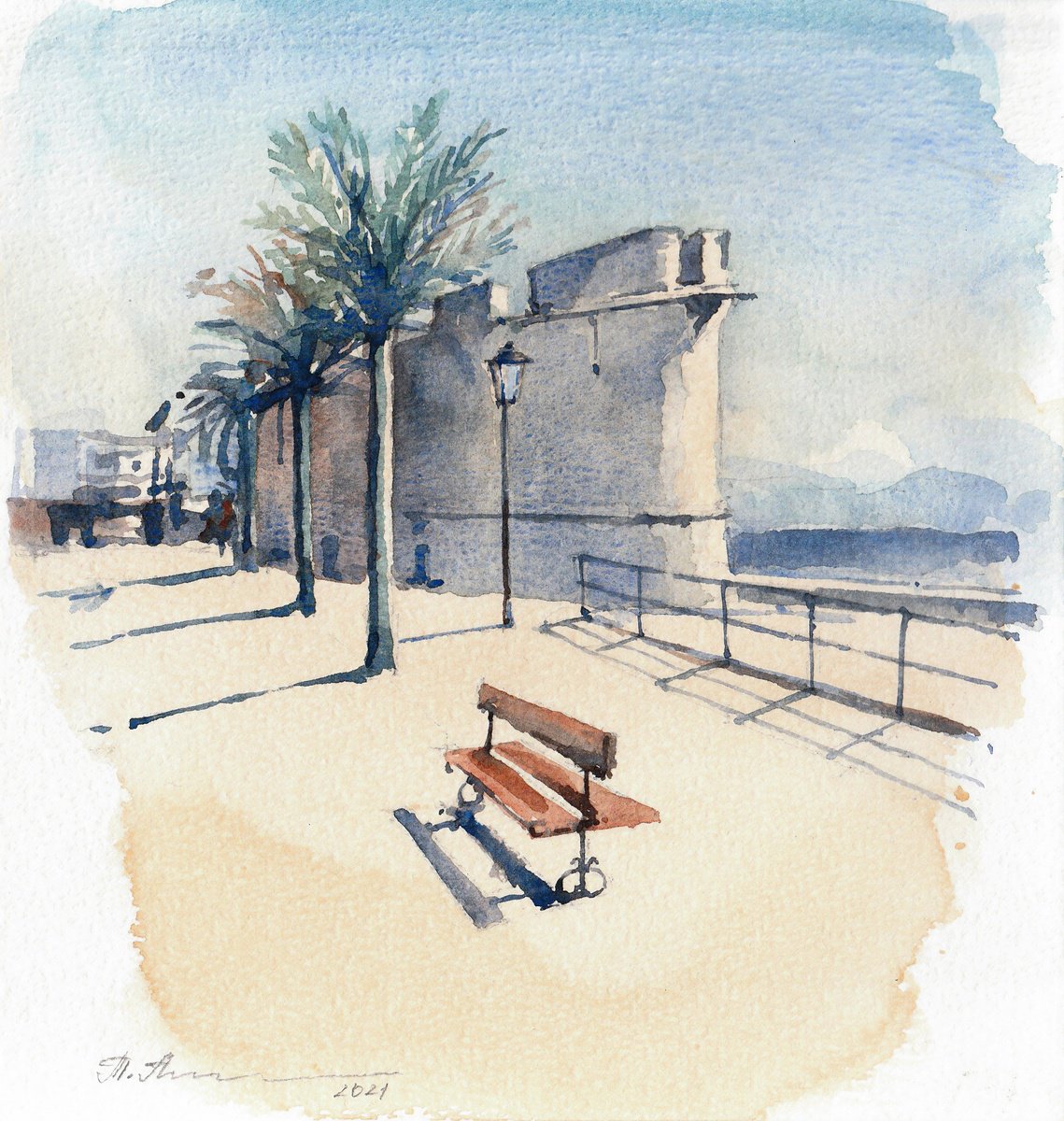 Impressionistic Cityscapes Watercolour By Tatiana Alekseeva, 7 X 8", Antibes Morning Light, Original Artwork