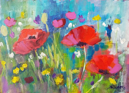 Poppies and yellow flowers. Poppy series. by Silvia Flores Vitiello