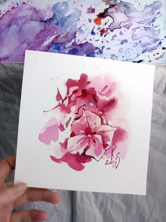 "Pink Butterflies" original watercolor painting of hydrangea flowers, in small format