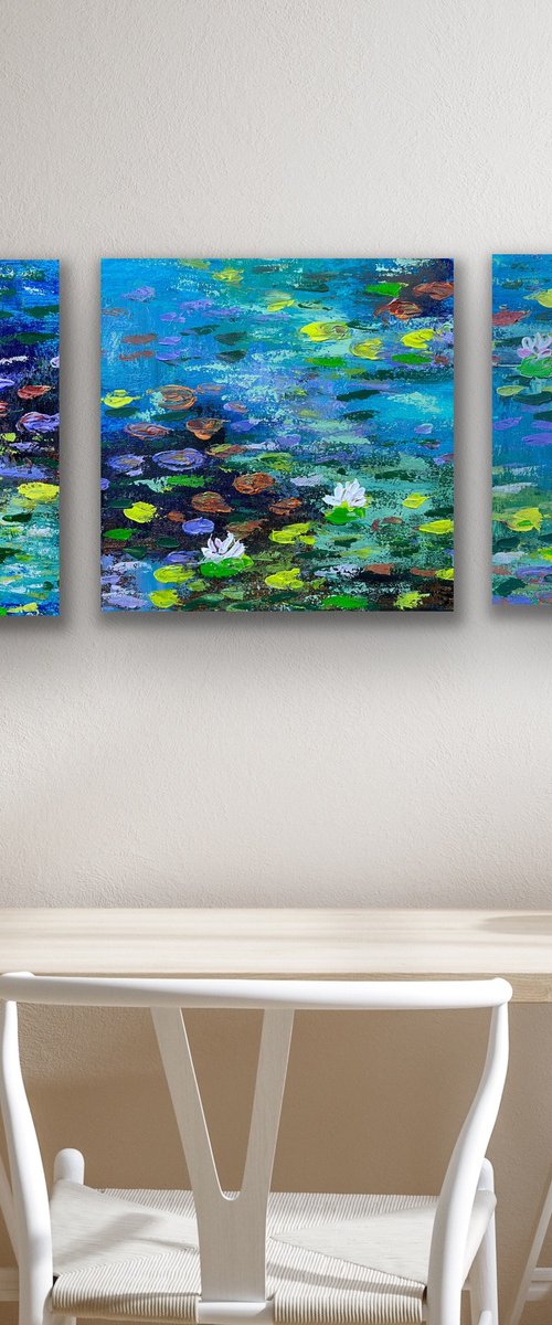 Waterlily From The Monet Garden - Triptych by Pooja Verma
