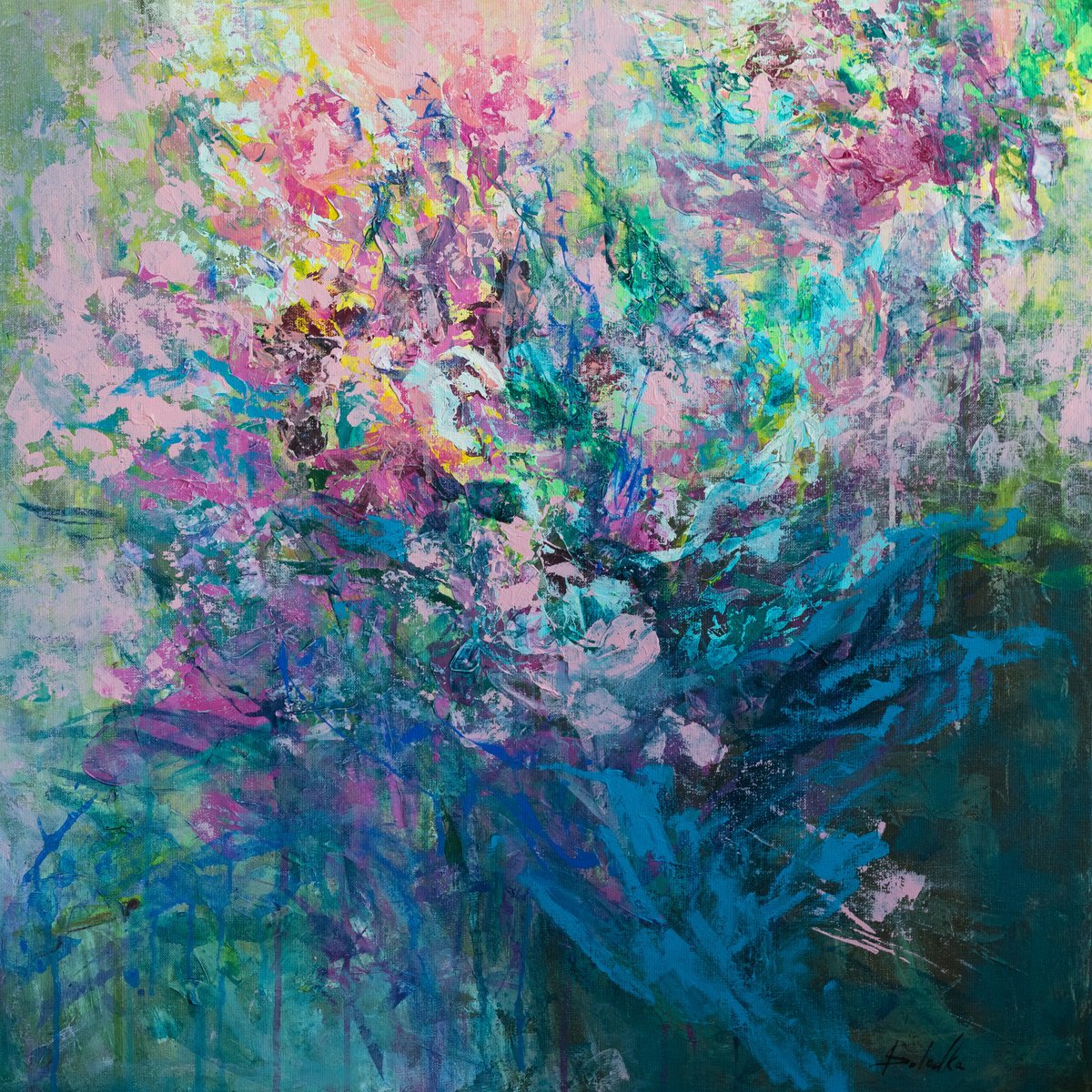 Expressive Abstract Acrylic Painting By Katia Solodka, 28 X 28", Mysterious Bird, Original Artwork