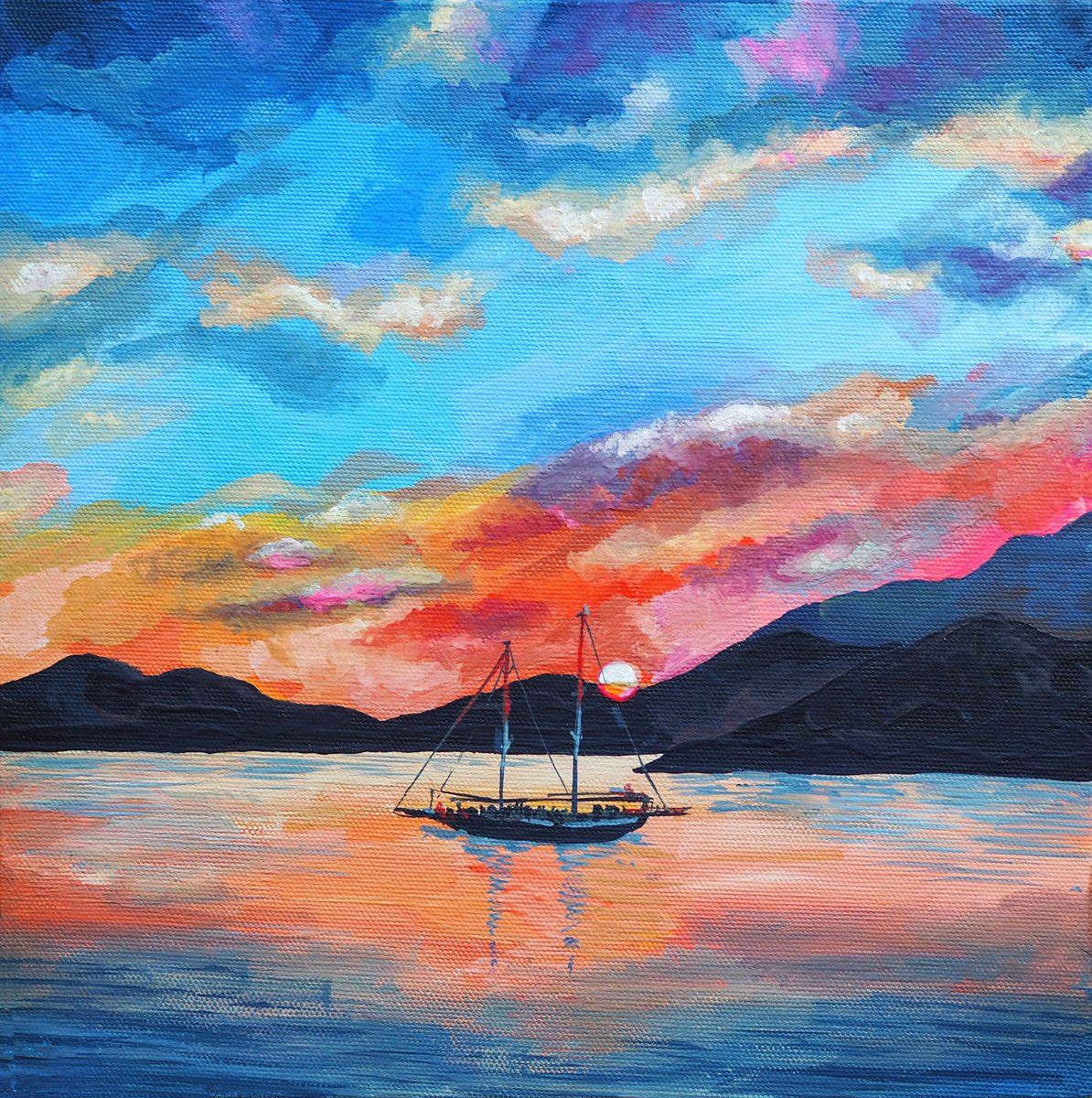 Impressionistic Landscape Painting By Delnara El, 10 X 10, Lovely Sunset, Original Artwork