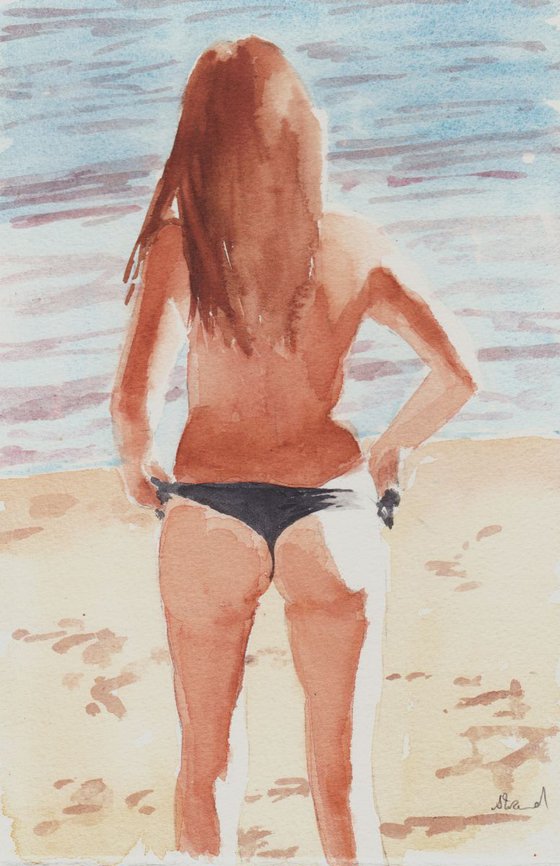 Summer Girl beach summer sea watercolour painting.