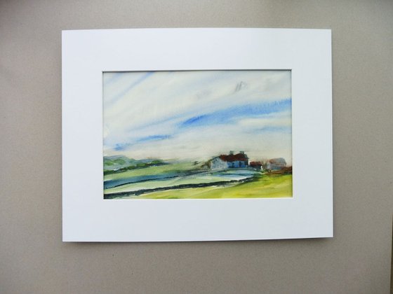 MISTY DAWN LANDSCAPE, DWELLING near Cemlyn Bay Anglesey. Original Watercolour with mount (mat).