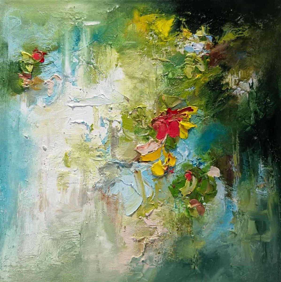 Abstract Oil Painting By Anna Schofield, 12 X 12, Bloom In The Mist, Original Artwork