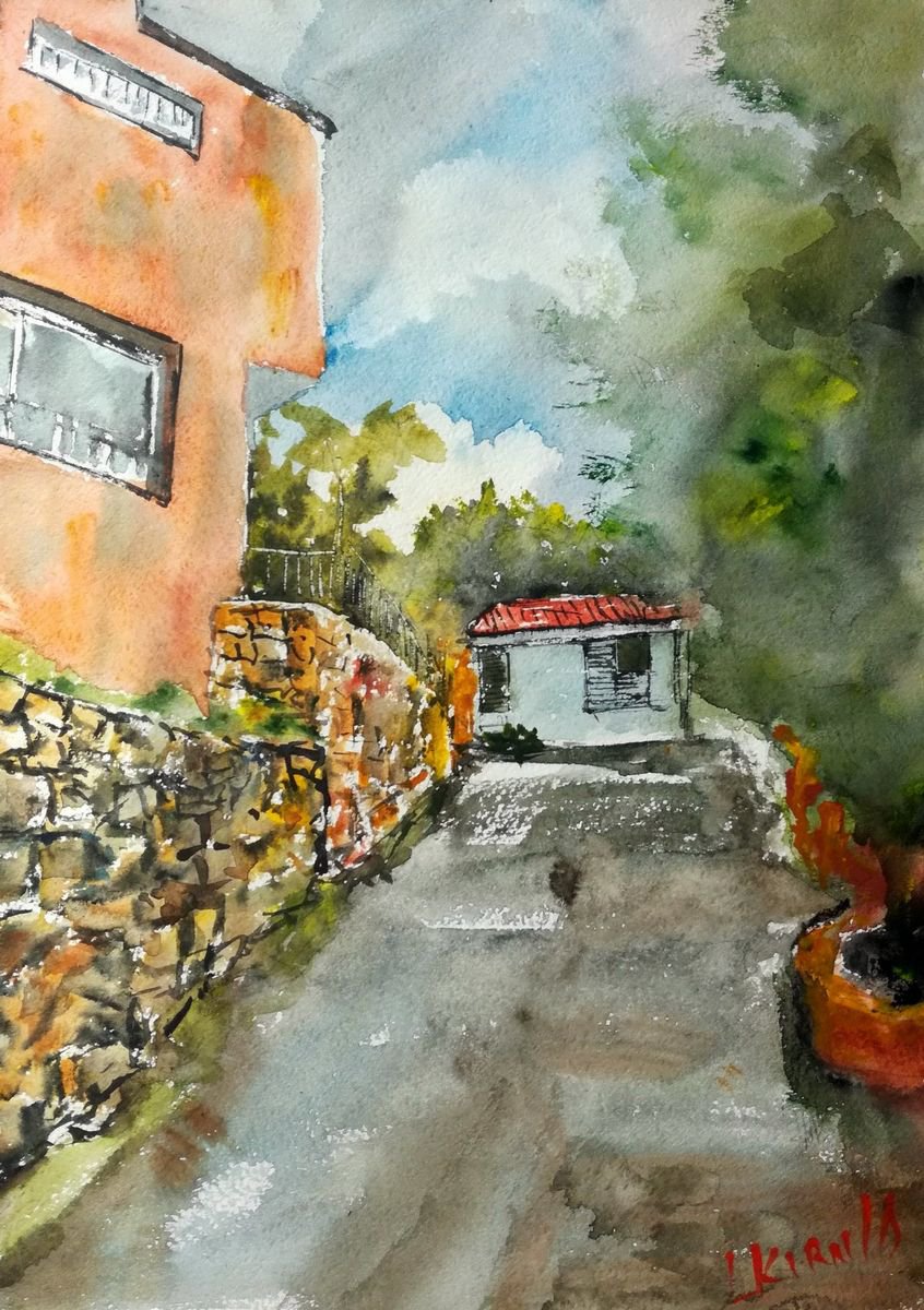 Impressionistic Cityscapes Watercolour By Leonid Kirnus, 11 X 15", The Yard In The Moutnains, Original Artwork