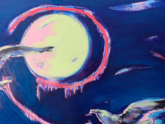 Bright big painting - "Moon light" - Pop Art - Birds - Seagull - 115x90cm