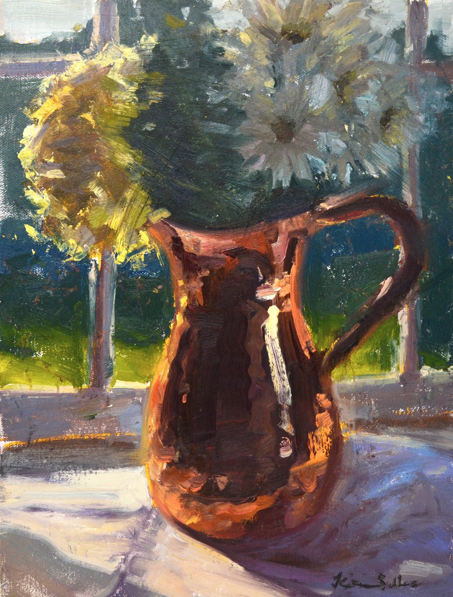 Impressionistic Botanical Oil Painting By Kristina Sellers, 9 X 12", Daisies In Copper Vase, Original Artwork