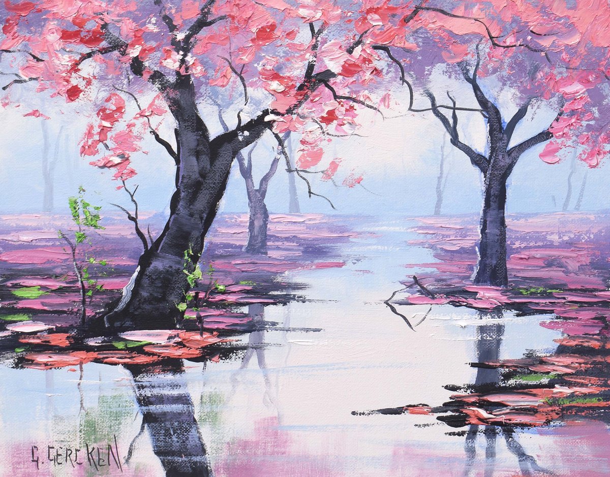 Pink blossom trees lake landscape by Graham Gercken
