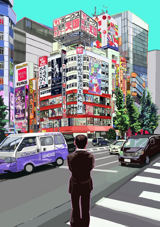 A3 Salaryman, Tokyo, Japan (Green Sky), Illustration Print