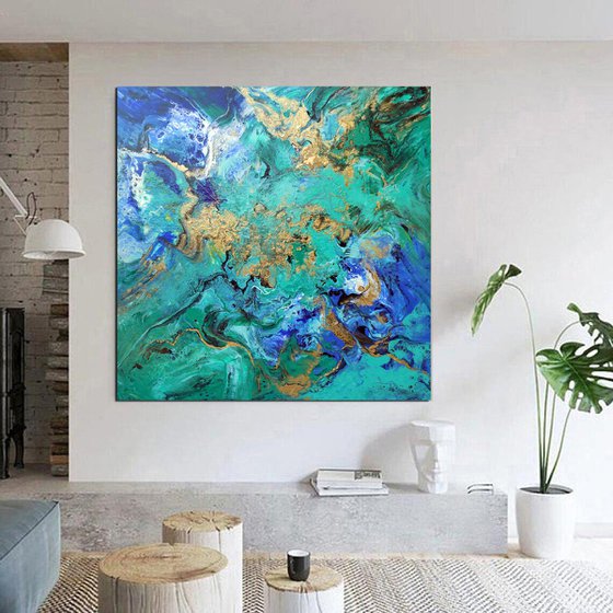 Modern abstract art blue green gold metallic painting ocean colors ...