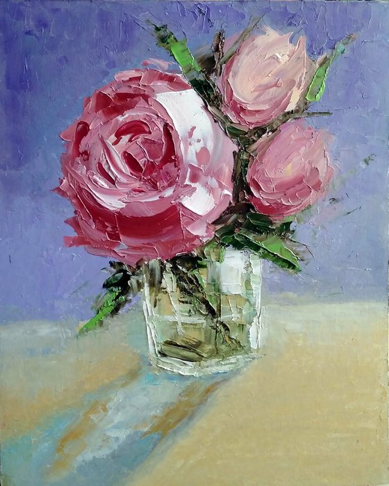 Pink Roses Painting Original Art Floral Bouquet Flower Artwork Small Wall Art