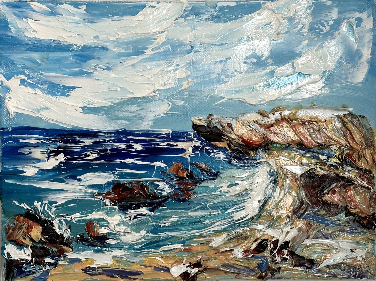 Impressionistic Landscape Oil Painting By Oksana Fedorova, 16 X 12", Seascape Coast, Original Artwork