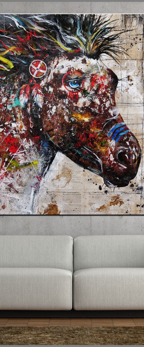 Ahiga Blue Stripe 120cm x 150cm Indian War Horse Book Page Urban Pop Art by Franko