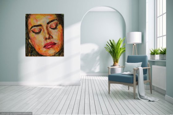 SUMMER NIGHT DREAM - Female portrait, original oil painting, large size, face, look, eyes, tender, love, interior