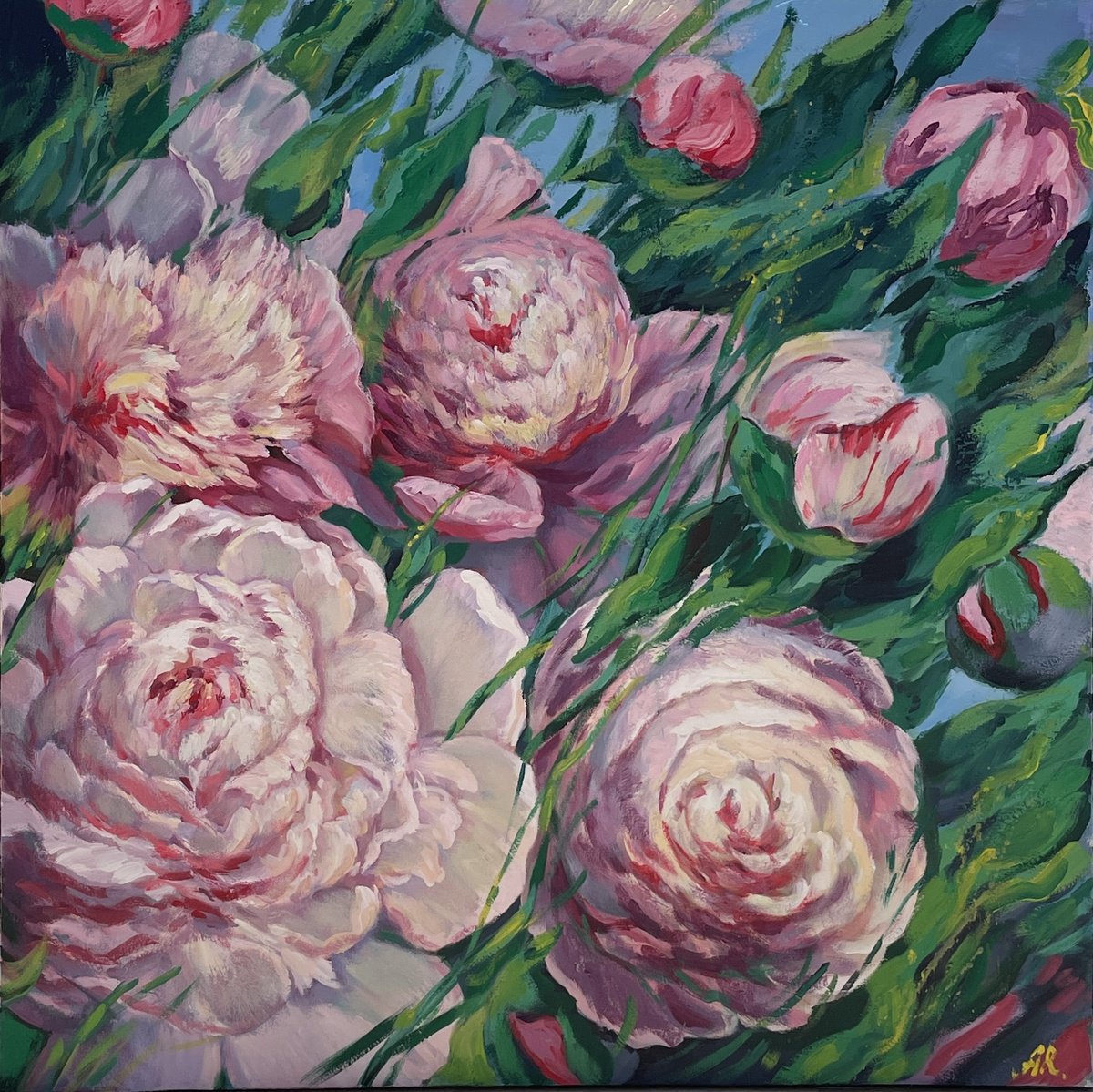 Impressionistic Botanical Acrylic Painting By Anna Reznikova, 39 X 39, Flowers Power, Original Artwork