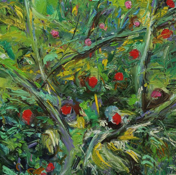 OVERGROWN ROSEHIPS - XXL Large Floral Art - original painting plants trees landscape art green summer nature impressionism art office interior home decore 150x200