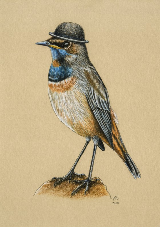 Original pastel drawing bird "Bluethroat"