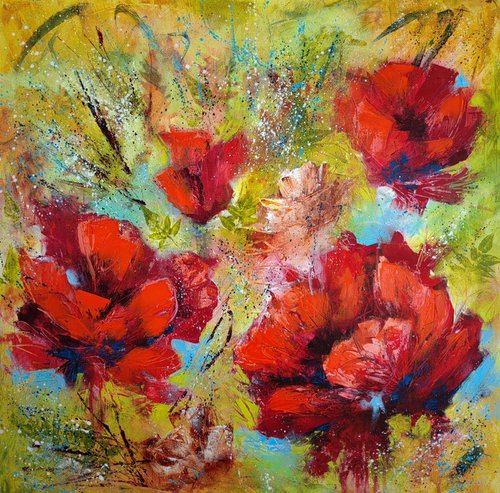 "Crimson Dreams: Poppies" from the "Colours of Summer" collection, abstract flower painting by Vera Hoi