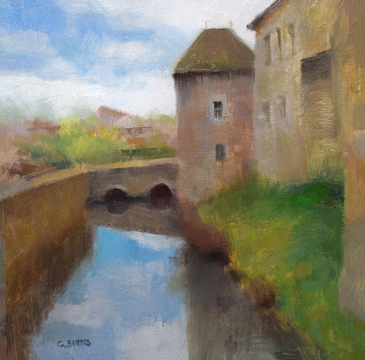 Impressionistic Cityscapes Oil Painting By Gav Banns, 10 X 10, French Abbey And Moat, Vienne, Original Artwork