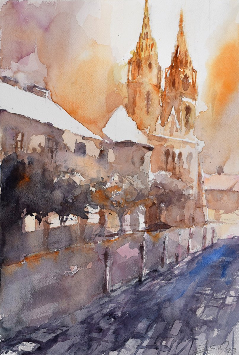 Impressionistic Cityscapes Watercolour By Goran Zigolic Watercolors, 15 X 22, Kaptol Street.(Zagreb), Original Artwork